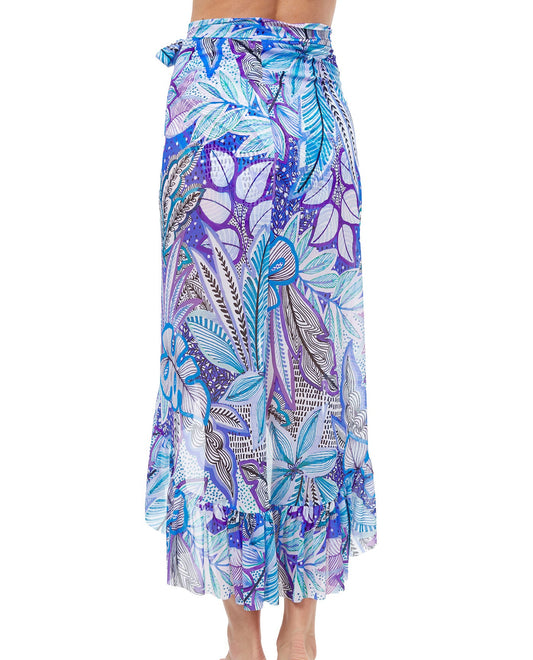 Back View Of Profile By Gottex Tropic Boom Ruffled High Low Mesh Cover Up Wrap Skirt | PROFILE TROPIC BOOM BLUE