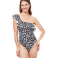 Front View Of Profile By Gottex Summer Time Ruffle One Shoulder One Piece Swimsuit | PROFILE SUMMER TIME BLACK AND WHITE