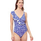Front View Of Profile By Gottex Summer Time V-Neck Surplice Ruffle One Piece Swimsuit | PROFILE SUMMER TIME INDIGO AND WHITE