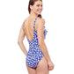 Back View Of Profile By Gottex Summer Time V-Neck Surplice Ruffle One Piece Swimsuit | PROFILE SUMMER TIME INDIGO AND WHITE