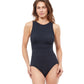 Front View Of Profile By Gottex Notre Dame High Neck Laser Cut One Piece Swimsuit | PROFILE NOTRE DAME BLACK