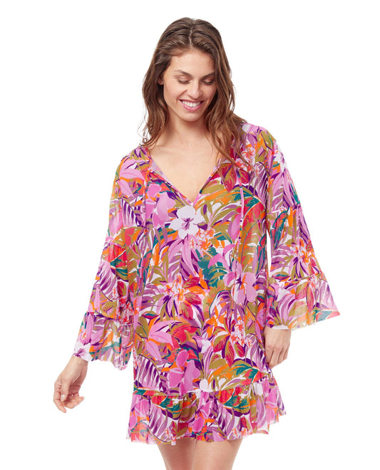 Front View Of Profile By Gottex Tropikaia V Neck Mesh Flounce Tunic Cover Up | PROFILE TROPIKAIA
