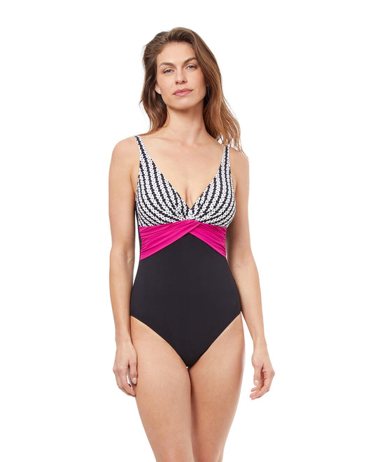 Front View Of Profile By Gottex Enya D-Cup Plunge V-Neck One Piece Swimsuit | PROFILE ENYA BLACK