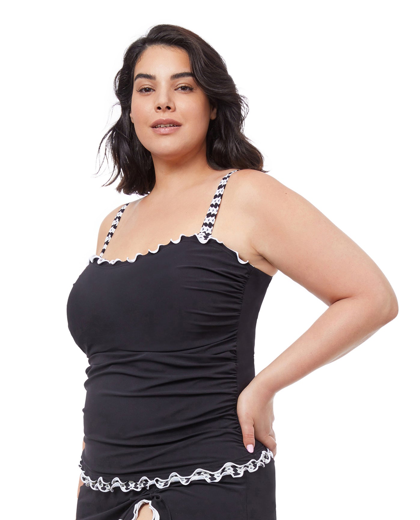 Side View Of Profile By Gottex Enya Shirred Underwire Tankini Top | PROFILE ENYA BLACK AND WHITE
