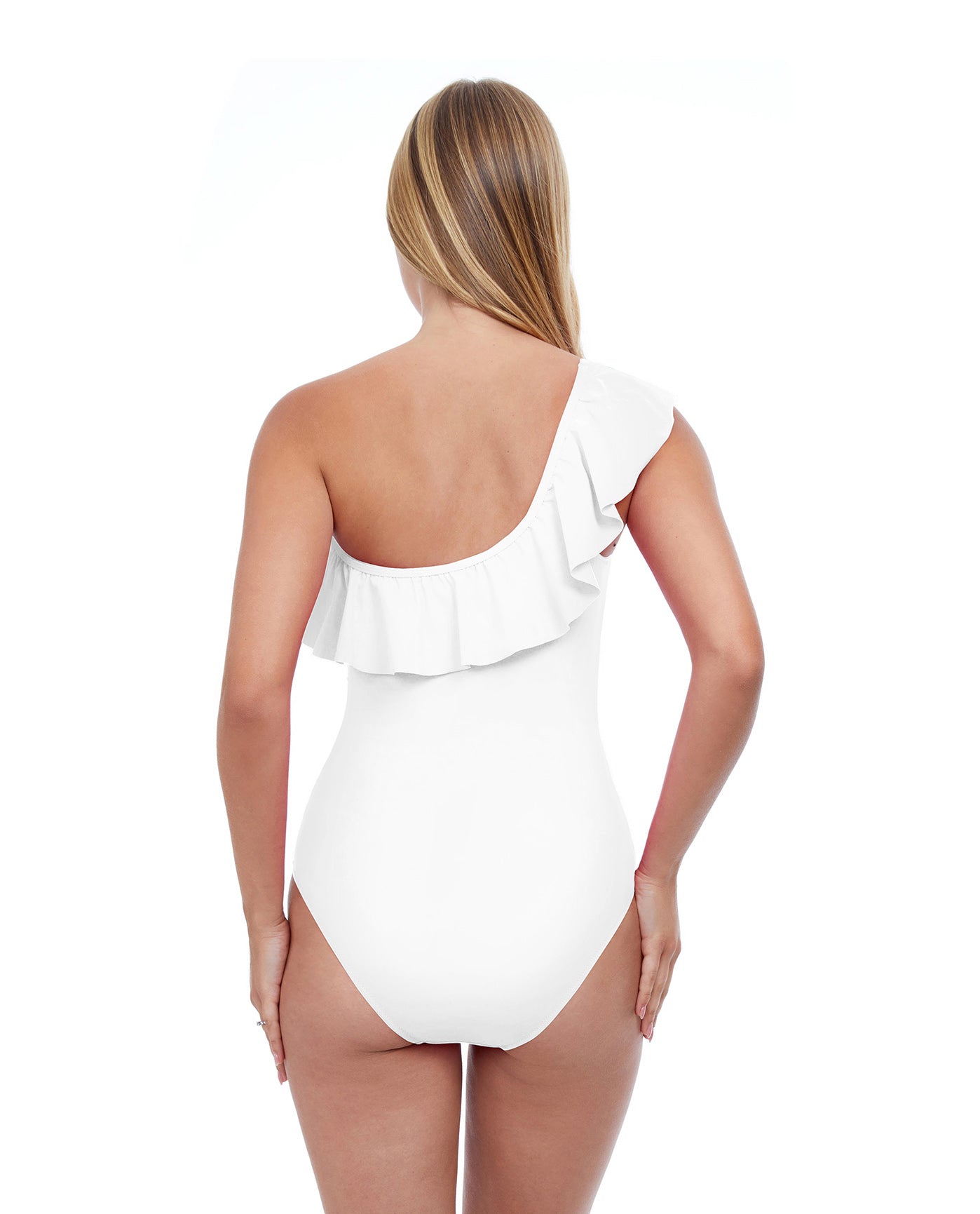Back View Of Profile By Gottex Tutti Frutti Ruffle One Shoulder One Piece Swimsuit | PROFILE TUTTI FRUTTI WHITE