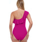 Back View Of Profile By Gottex Tutti Frutti Ruffle One Shoulder One Piece Swimsuit | PROFILE TUTTI FRUTTI VIOLET
