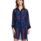 Front View Of Profile By Gottex Tutti Frutti Button Down Long Sleeve Blouse Cover Up | PROFILE TUTTI FRUTTI NAVY