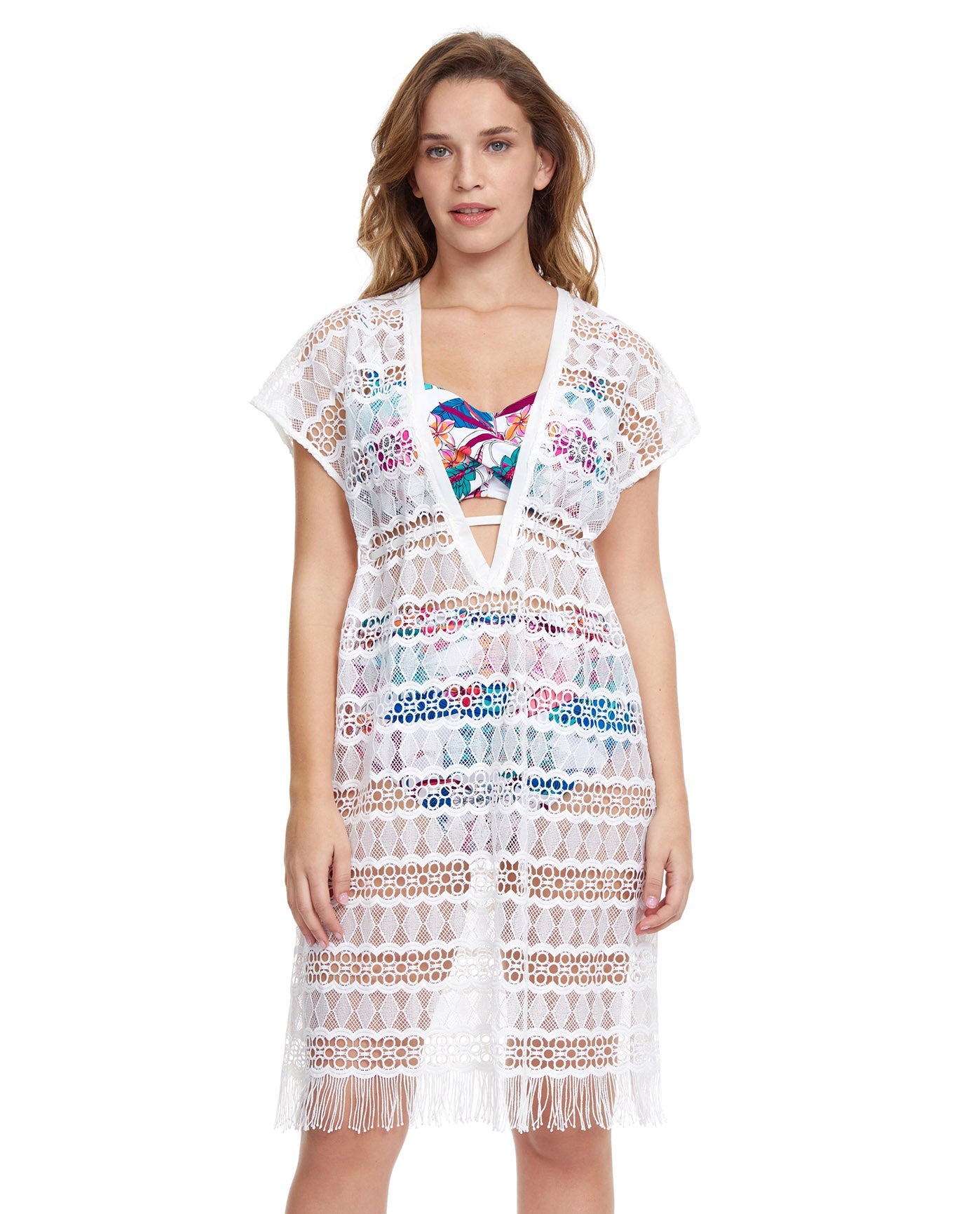 Front View Of Profile By Gottex Tutti Frutti Crochet Cover Up Dress | PROFILE TUTTI FRUTTI WHITE