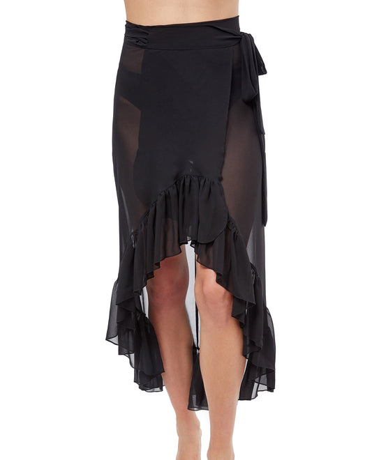 Front View Of Profile By Gottex Tutti Frutti Ruffled High Low Mesh Cover Up Wrap Skirt | PROFILE TUTTI FRUTTI BLACK