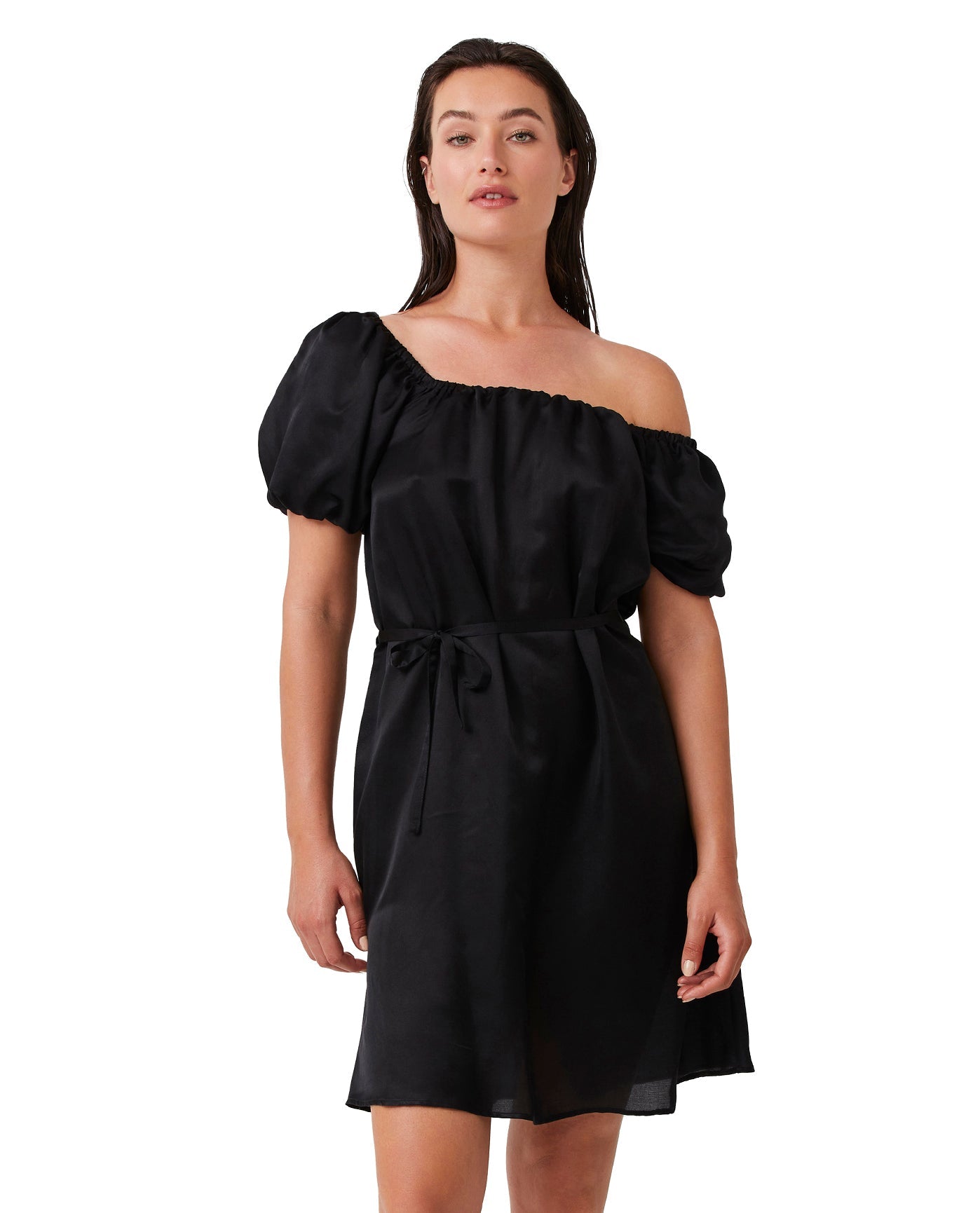 Front View Of Luma Puff Sleeve Dress Cover Up | LUMA BLACK