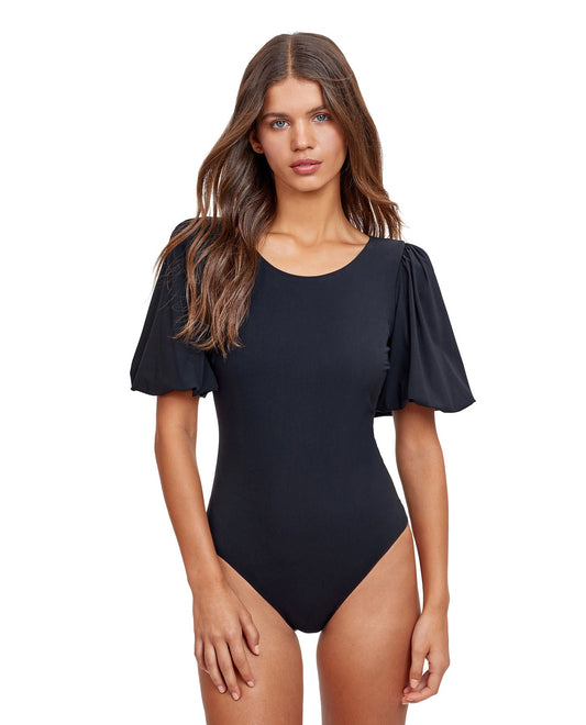 Front View Of Gottex Modest Puff Sleeve High Neck One Piece Swimsuit | GOTTEX MODEST BLACK