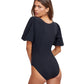 Back View Of Gottex Modest Puff Sleeve High Neck One Piece Swimsuit | GOTTEX MODEST BLACK
