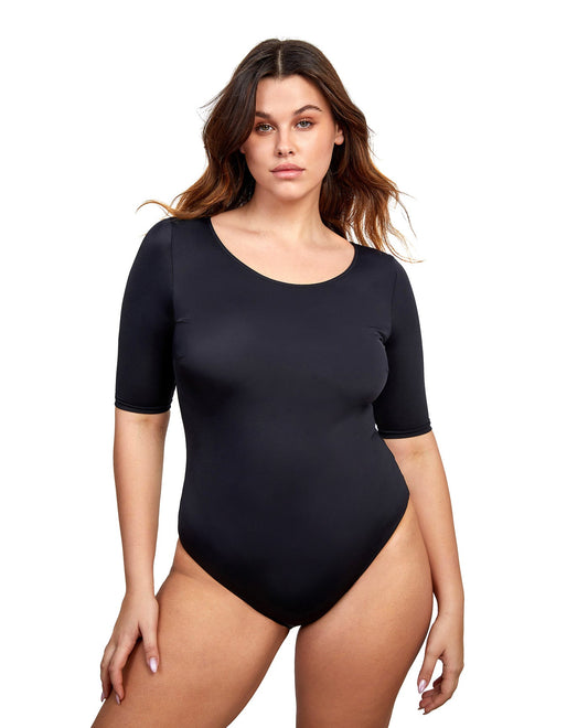 Front View Of Gottex Modest Round Neck Short Sleeve One Piece Swimsuit | GOTTEX MODEST BLACK