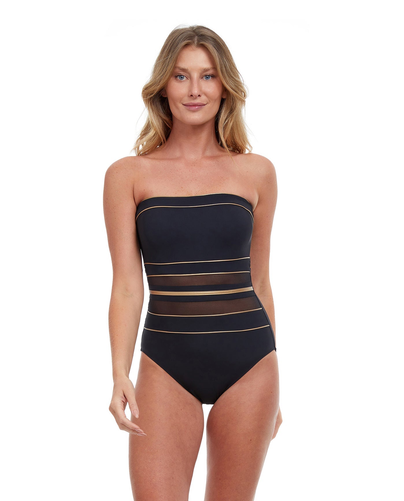 Front View Of Gottex Essentials Onyx Bandeau Strapless One Piece Swimsuit | Gottex Onyx Black And Gold