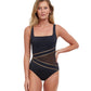 Front View Of Gottex Essentials Onyx Full Coverage Square Neck One Piece Swimsuit | Gottex Onyx Black And Gold
