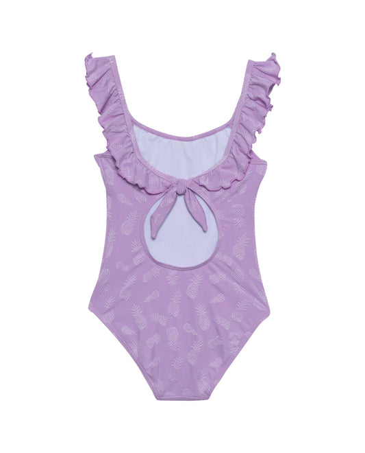 Back View Of Gottex Kids Pineapple Round Neck One Piece Swimsuit | GOTTEX KIDS PINEAPPLE PURPLE