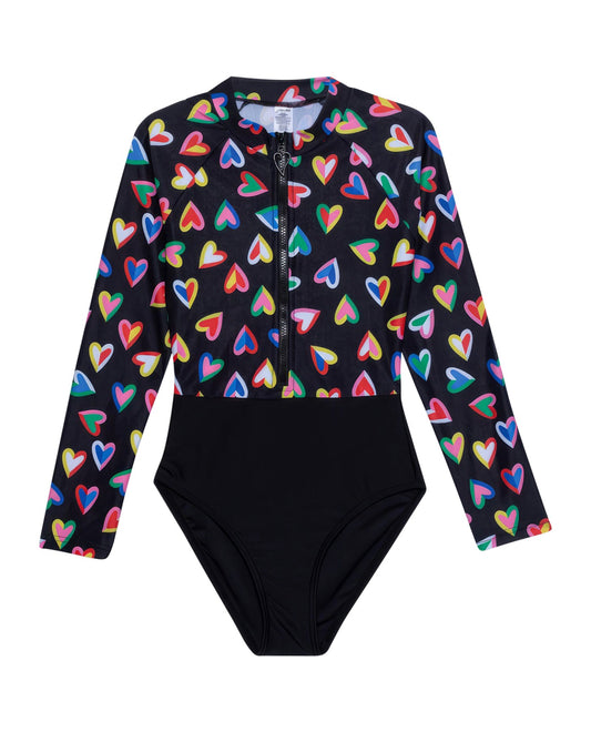 Front View Of Gottex Kids Hearts Long Sleeve Zip Up Rash Guard One Piece Swimsuit | GOTTEX KIDS HEARTS