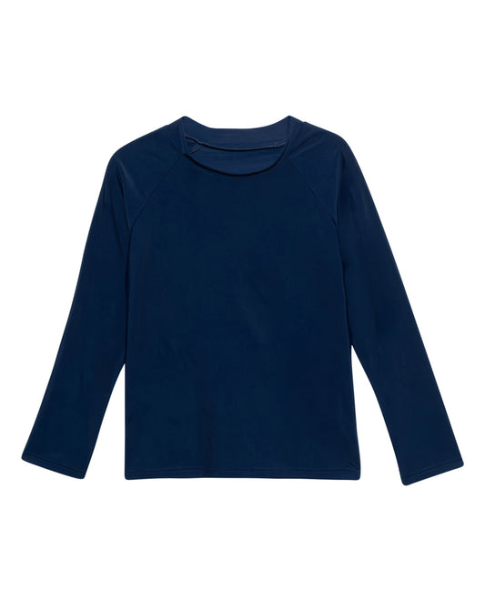 Front View Of Gottex Kids Solid Long Sleeve Zip Up Rash Guard Tankini Top | GOTTEX KIDS NAVY