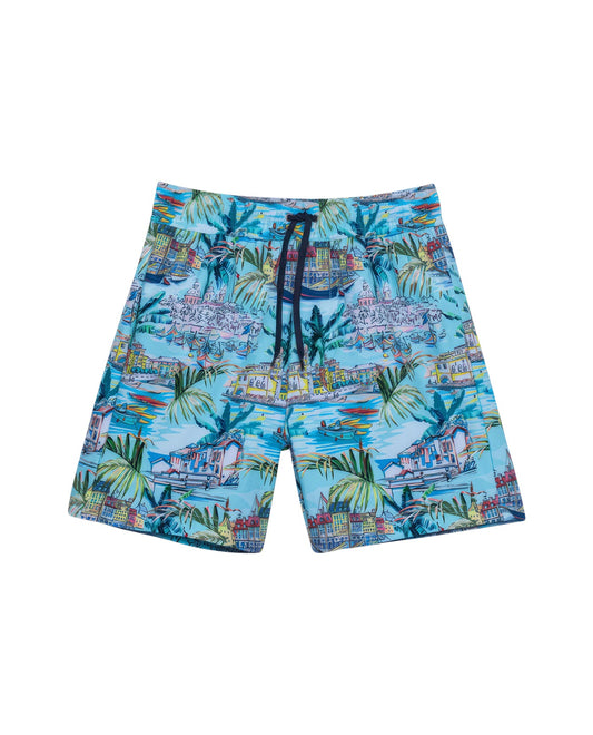 Front View Of Gottex Kids Graphic Swim Trunks | GOTTEX KIDS GRAPHIC TURQUOISE SCENE