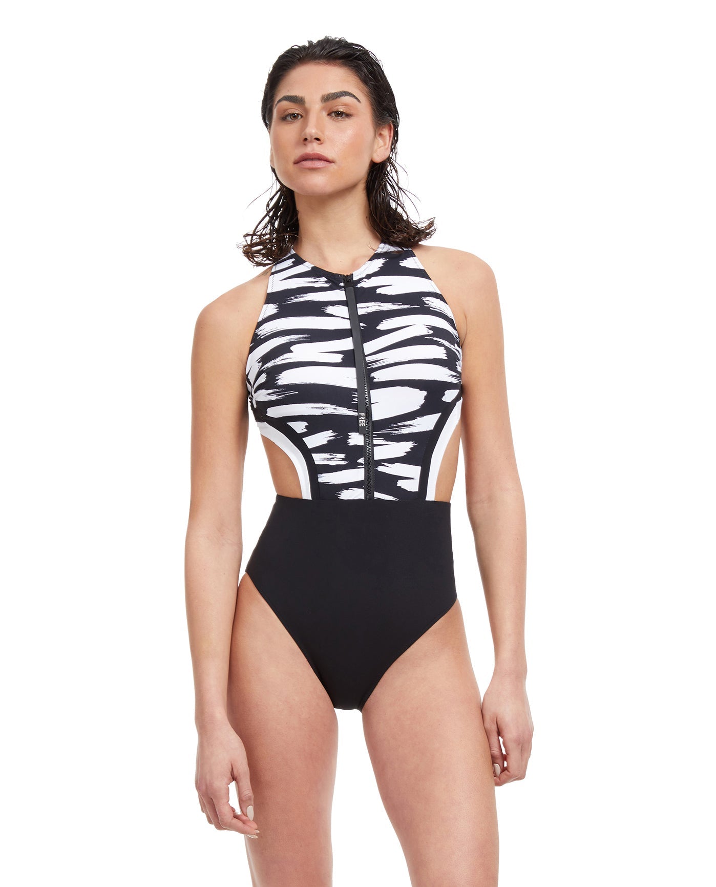 Front View Of Free Sport Upstream High Neck Cutout Crisscross Back One Piece Swimsuit | FREE SPORT UPSTREAM BLACK AND WHITE