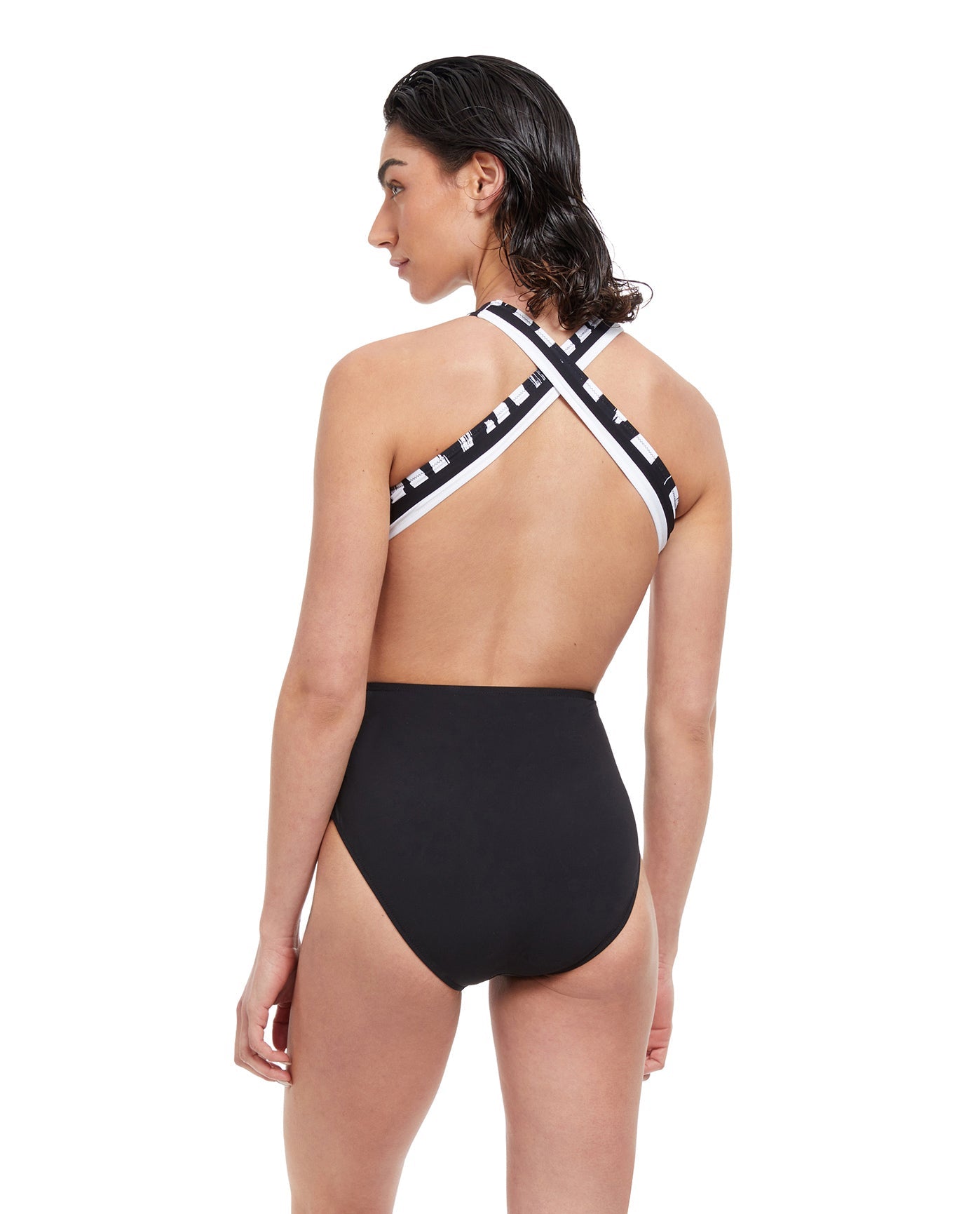 Back View Of Free Sport Upstream High Neck Cutout Crisscross Back One Piece Swimsuit | FREE SPORT UPSTREAM BLACK AND WHITE
