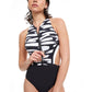 alternate front 1 View Of Free Sport Upstream High Neck Cutout Crisscross Back One Piece Swimsuit | FREE SPORT UPSTREAM BLACK AND WHITE