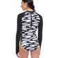 Back View Of Free Sport Upstream Long Sleeve High Neck Rash Guard One Piece Swimsuit | FREE SPORT UPSTREAM BLACK AND WHITE