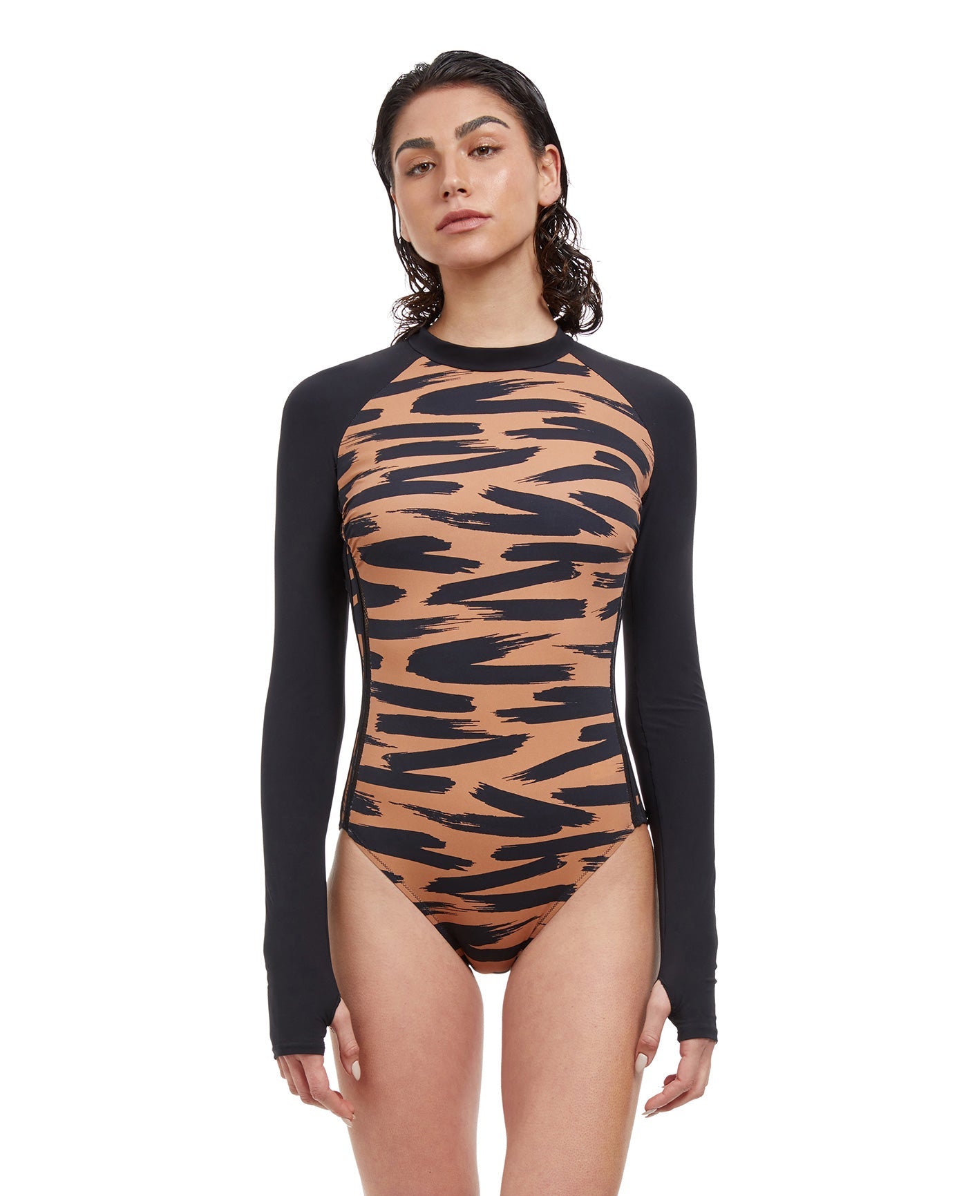 Front View Of Free Sport Upstream Long Sleeve High Neck Rash Guard One Piece Swimsuit | FREE SPORT UPSTREAM CARAMEL