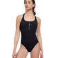 Front View Of Free Sport Ultimate Wave Round Neck Y-Back Zipper One Piece Swimsuit | FREE SPORT ULTIMATE WAVE BLACK