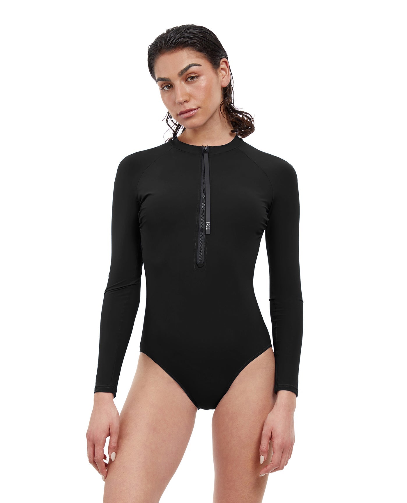 Front View Of Free Sport Ultimate Wave Long Sleeve High Neck Rash Guard One Piece Swimsuit | FREE SPORT ULTIMATE WAVE BLACK