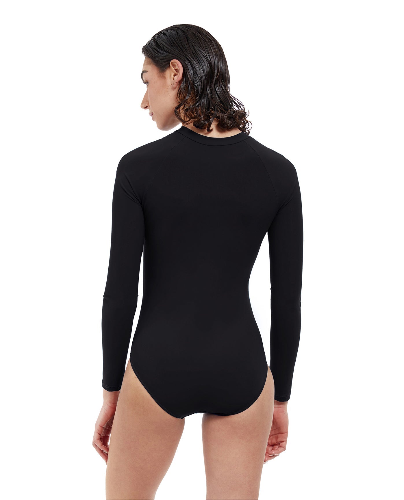 Back View Of Free Sport Ultimate Wave Long Sleeve High Neck Rash Guard One Piece Swimsuit | FREE SPORT ULTIMATE WAVE BLACK
