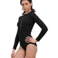 Side View View Of Free Sport Ultimate Wave Long Sleeve High Neck Rash Guard One Piece Swimsuit | FREE SPORT ULTIMATE WAVE BLACK