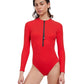 Front View Of Free Sport Ultimate Wave Long Sleeve High Neck Rash Guard One Piece Swimsuit | FREE SPORT ULTIMATE WAVE RED
