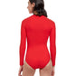 Back View Of Free Sport Ultimate Wave Long Sleeve High Neck Rash Guard One Piece Swimsuit | FREE SPORT ULTIMATE WAVE RED
