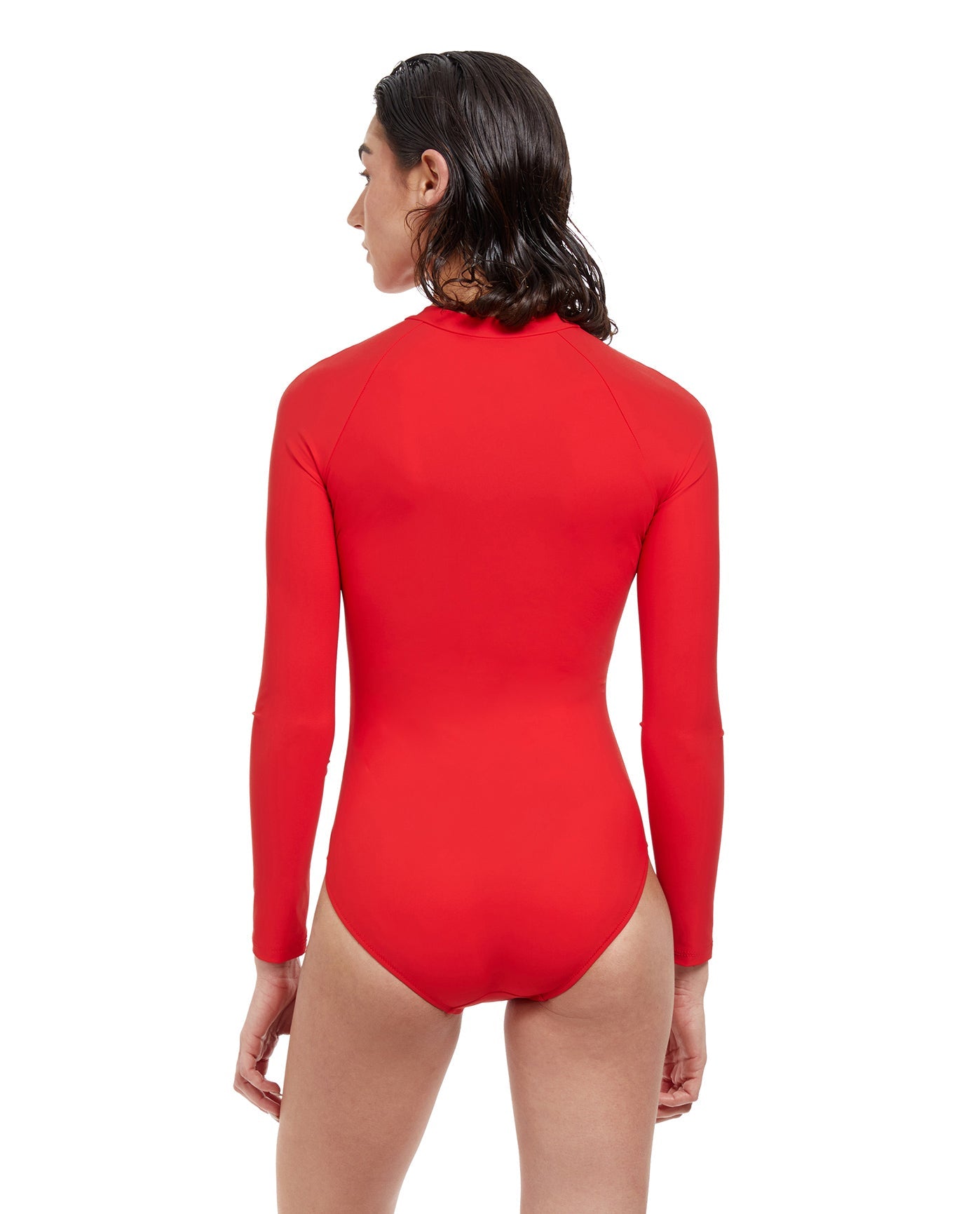Back View Of Free Sport Ultimate Wave Long Sleeve High Neck Rash Guard One Piece Swimsuit | FREE SPORT ULTIMATE WAVE RED