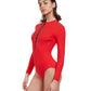 Side View View Of Free Sport Ultimate Wave Long Sleeve High Neck Rash Guard One Piece Swimsuit | FREE SPORT ULTIMATE WAVE RED