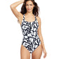Front View Of Free Sport Geo Club Round Neck Y-Back Zipper One Piece Swimsuit | FREE SPORT GEO CLUB BLACK AND WHITE