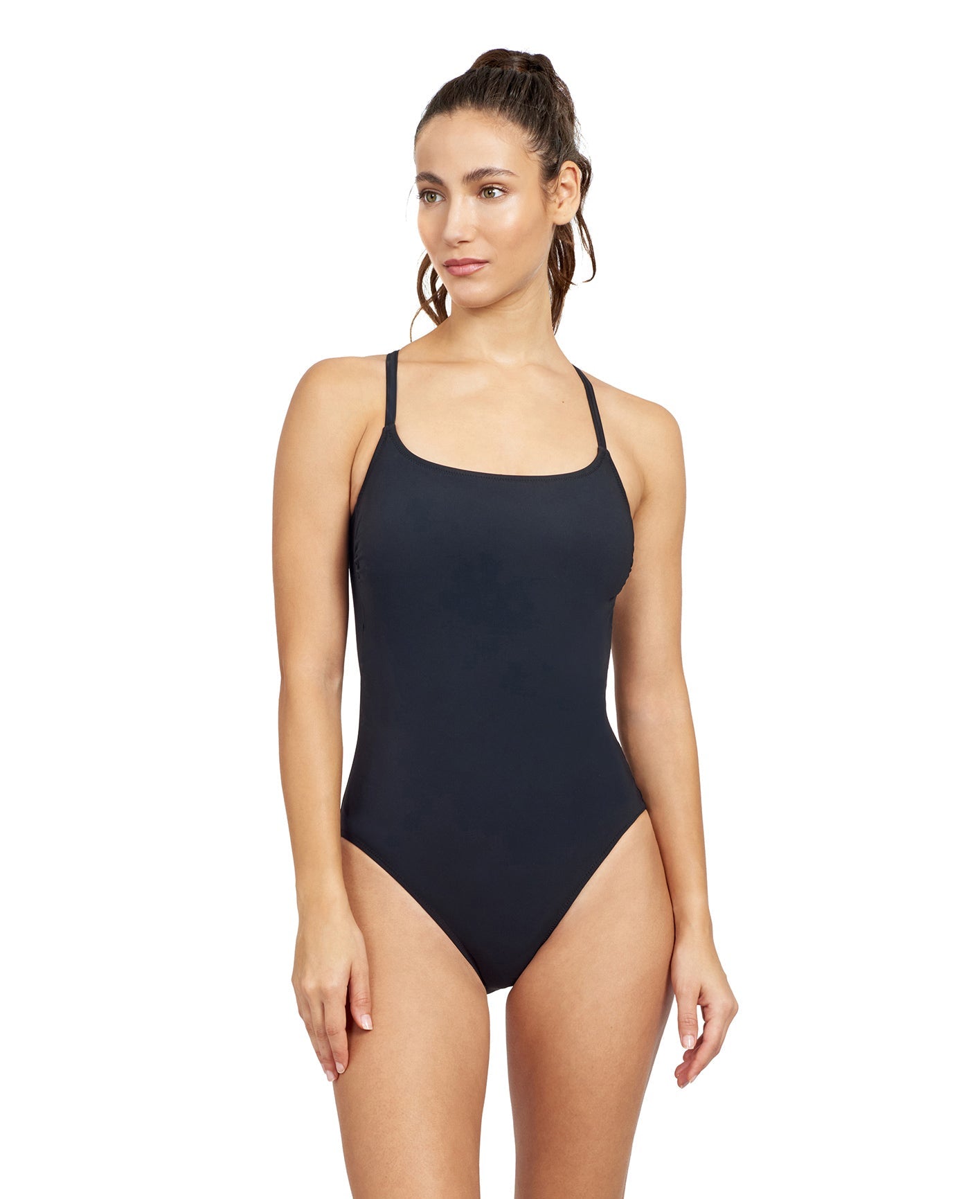 Front View Of Free Sport Free Round Neck Strappy One Piece Swimsuit | FREE SPORT FREE BLACK