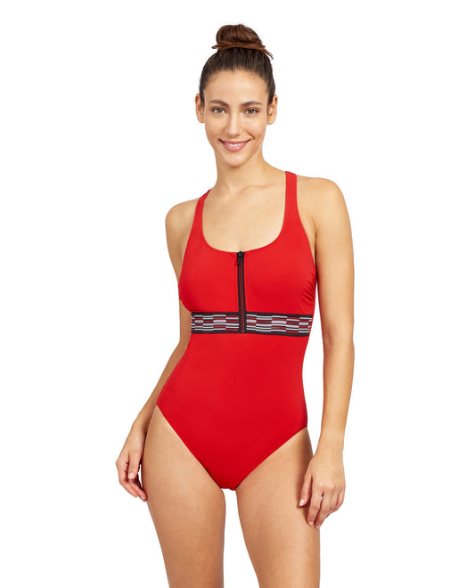 Front View Of Free Sport Sprint Round Neck Y-Back Zipper One Piece Swimsuit | FREE SPORT SPRINT TOMATO