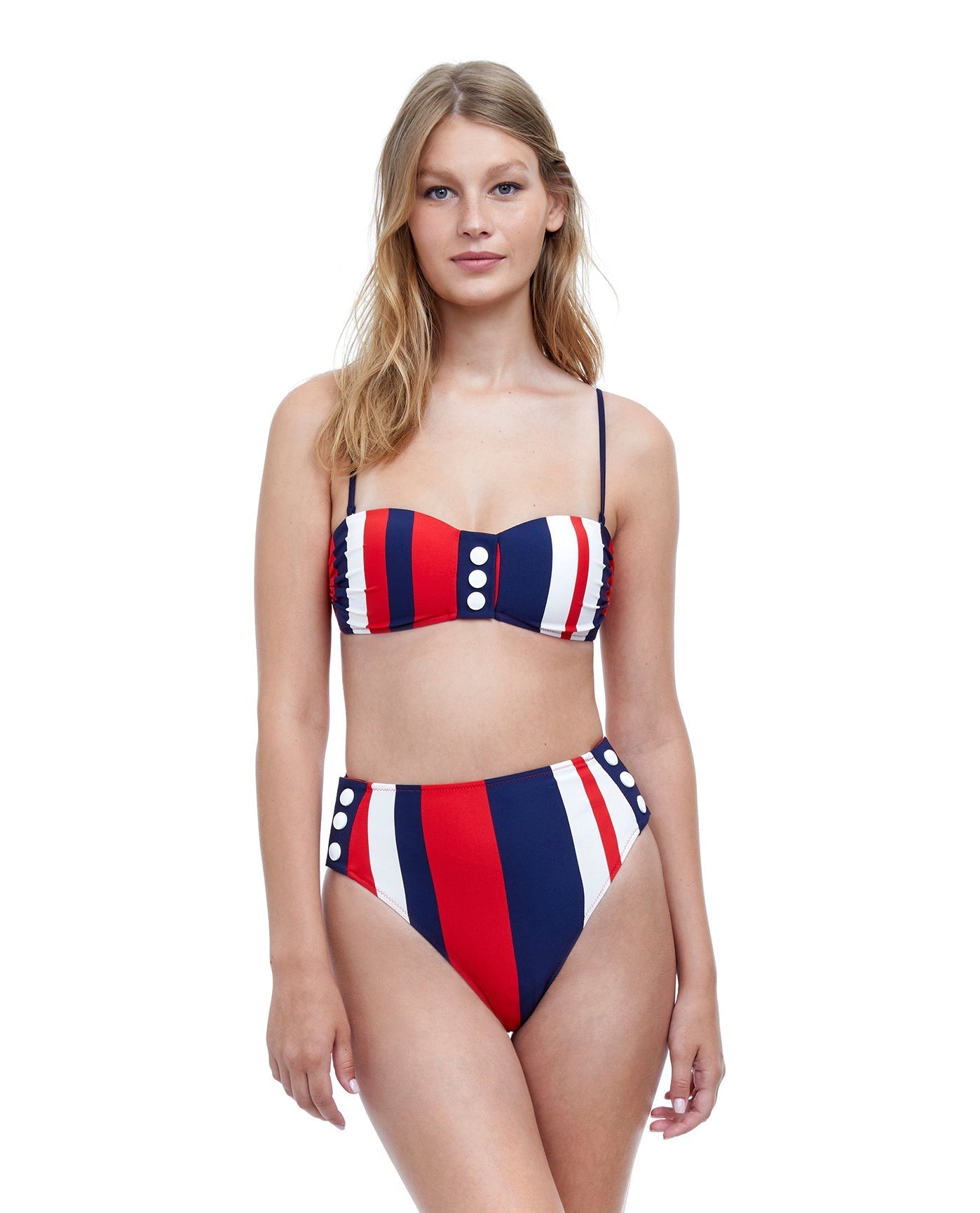 Front View Of Gottex Collection Chic Nautique Bandeau Bikini Top And High Waist Bikini Bottom Set | Gottex Chic Nautique Navy And Red