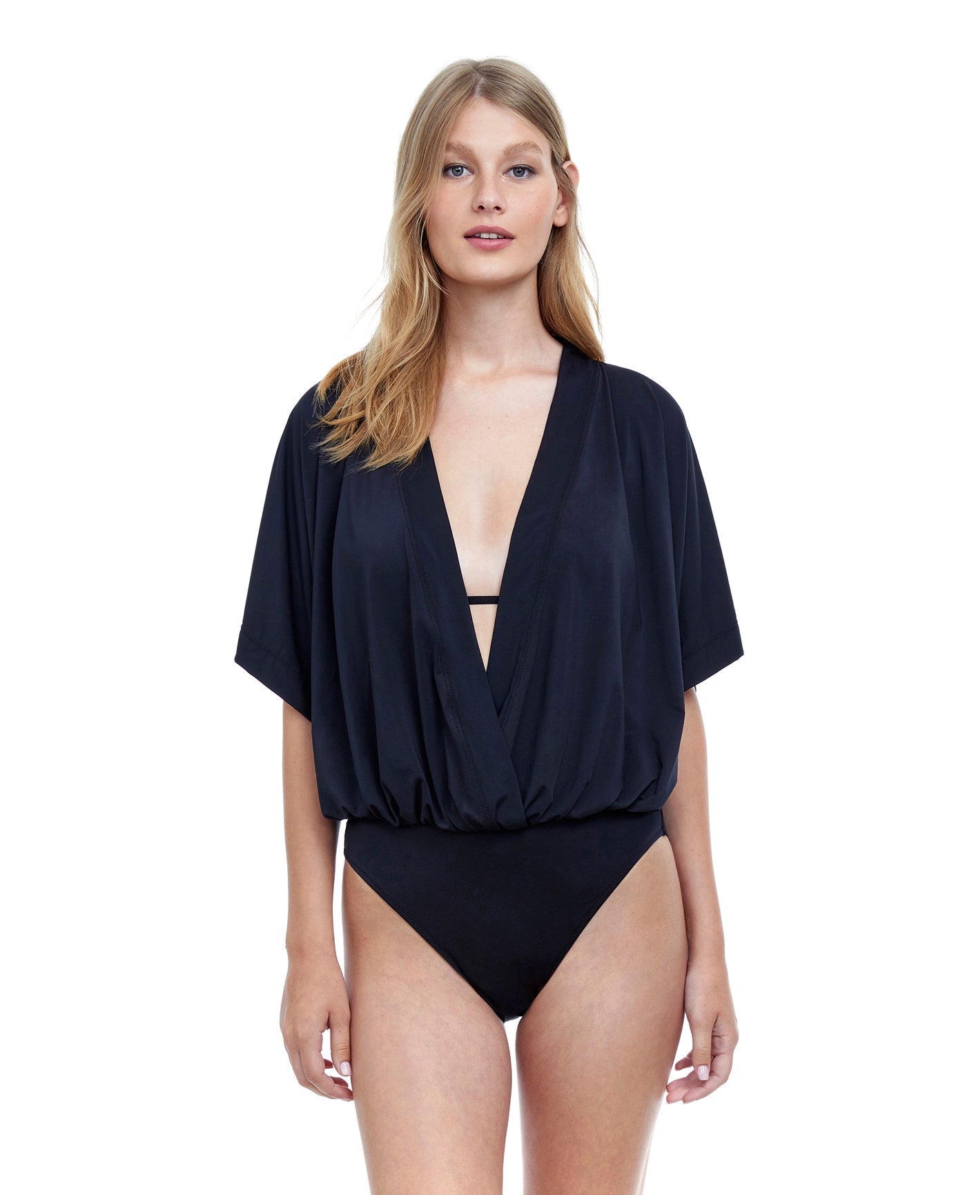 Front View Of Gottex Couture Flirtation V-Neck Blouson One Piece Swimsuit | Gottex Flirtation Black