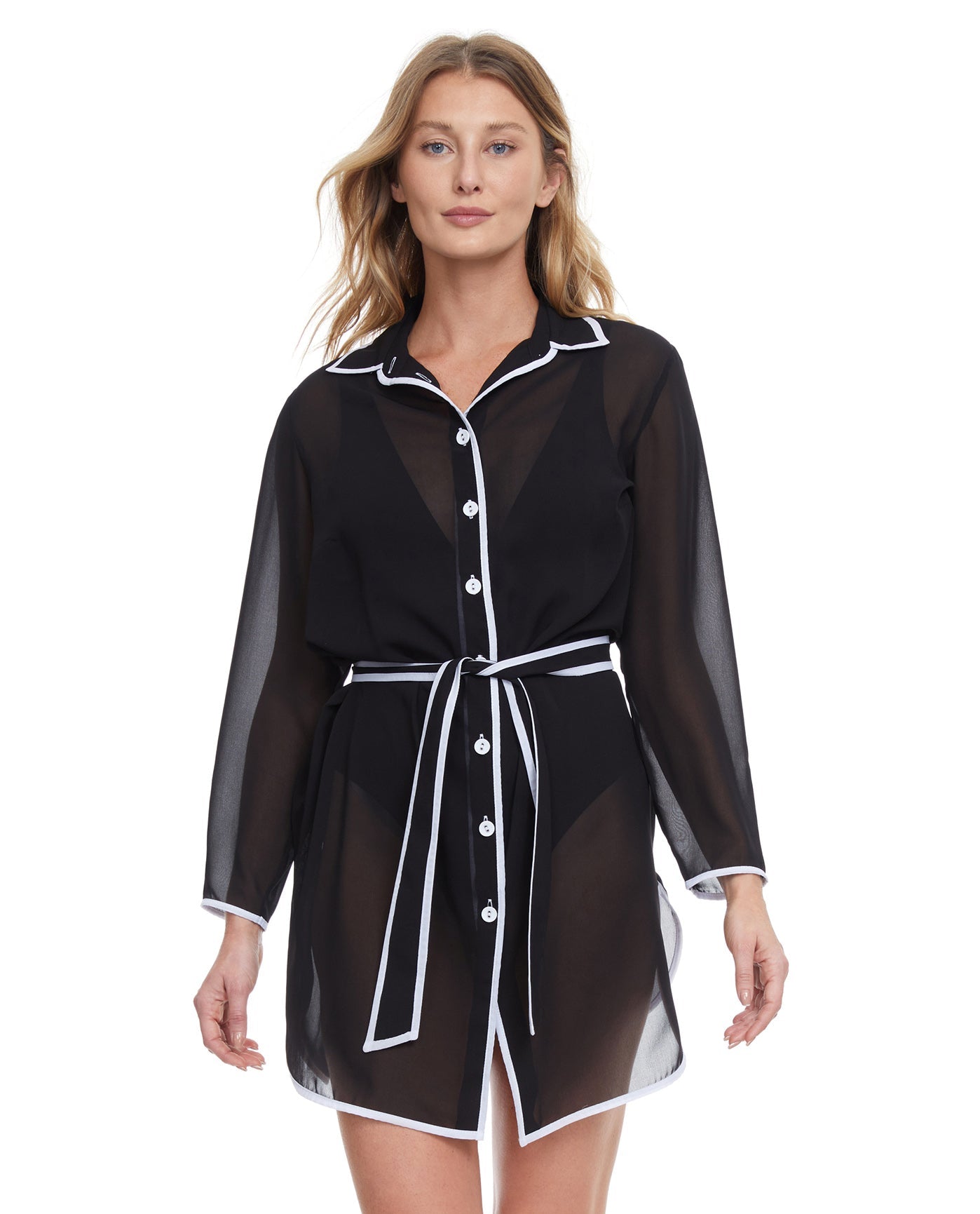 Front View Of Gottex Essentials Sail To Sunset Long Sleeve Belted Beach Blouse | Gottex Sail To Sunset Black And White