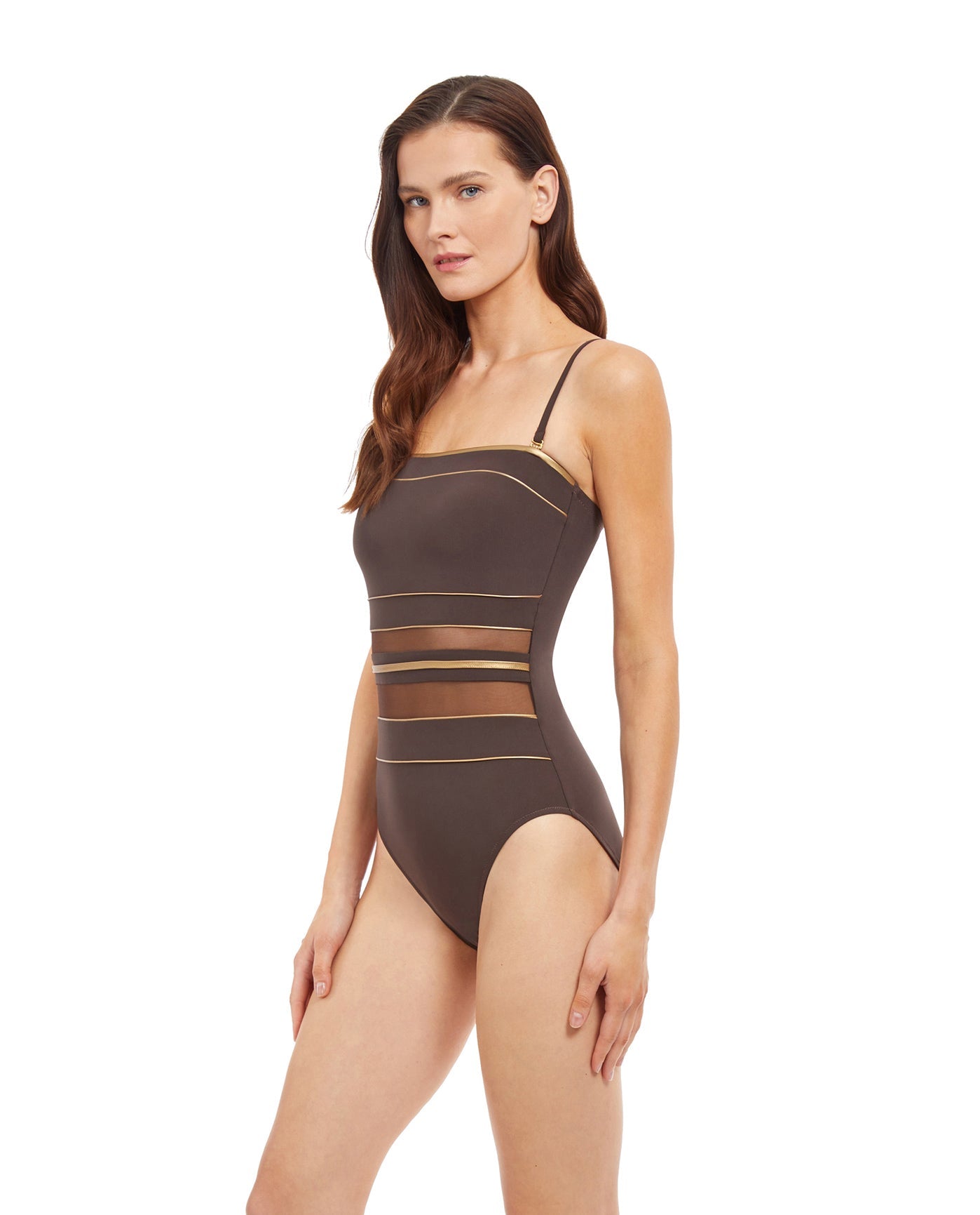 Side View View Of Gottex Essentials Onyx Bandeau Strapless One Piece Swimsuit | Gottex Onyx Brown And Gold