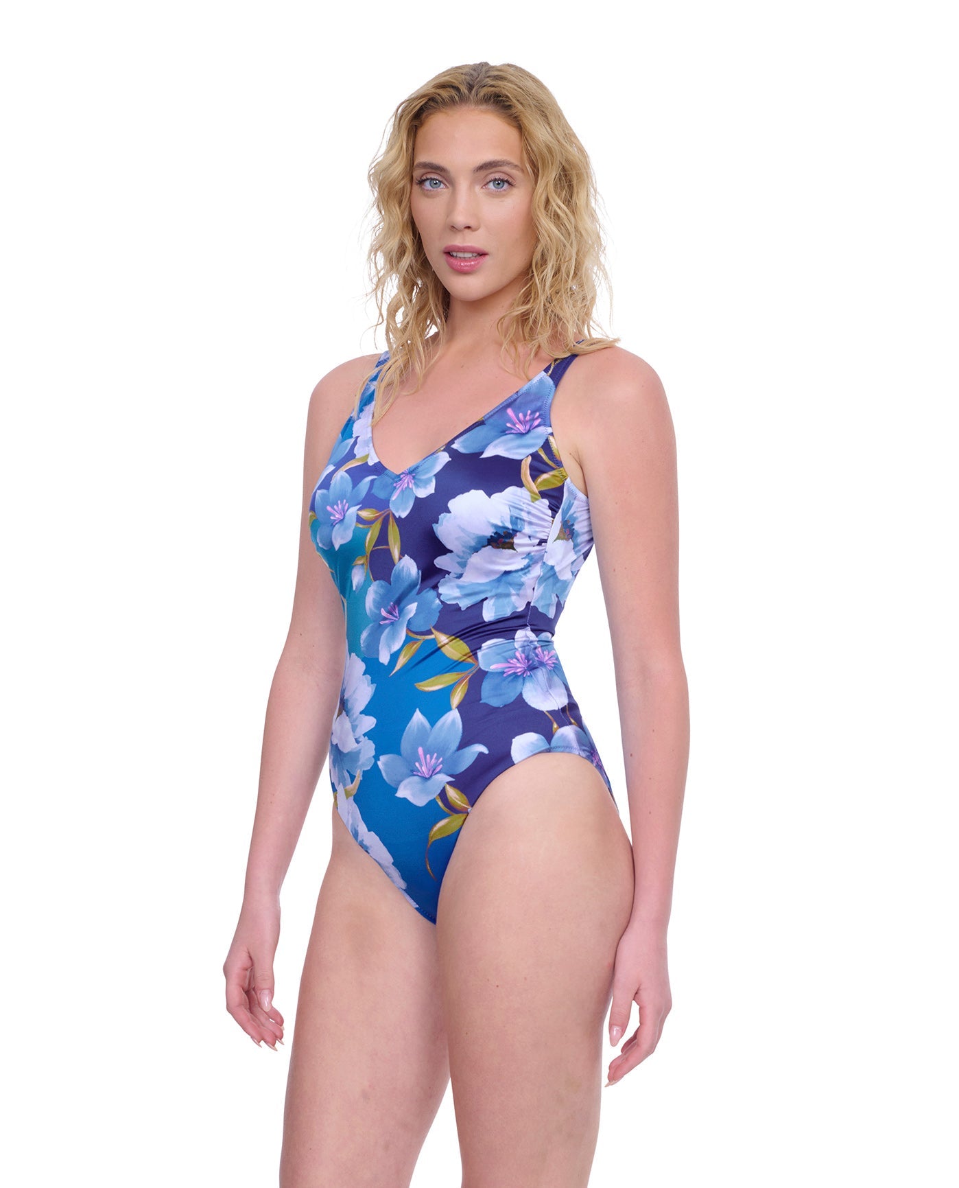 Side View View of Gottex Exclusive V-Neck One Piece Swimsuit | GOTTEX BELLA ROSE BLUE