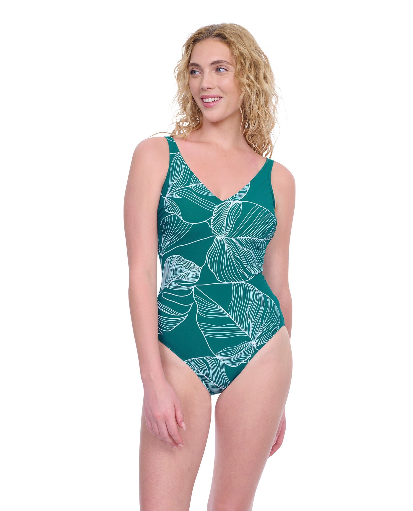 Alternate Front View of Gottex Exclusive V-Neck One Piece Swimsuit | GOTTEX NATURAL ESSENCE GREEN AND WHITE