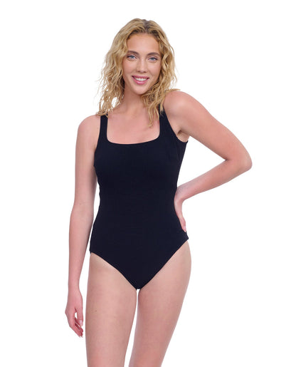 Front View Of Gottex Exclusive Full Coverage Square Neck One Piece Swimsuit | GOTTEX BLACK