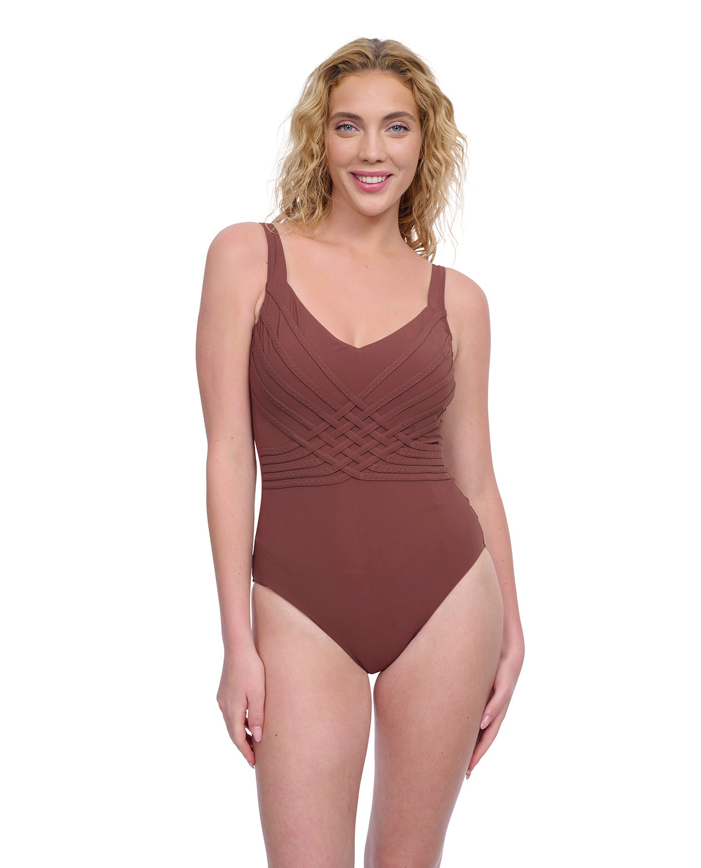 Front View of Gottex Exclusive Square Neck One Piece Swimsuit | GOTTEX DARK BROWN