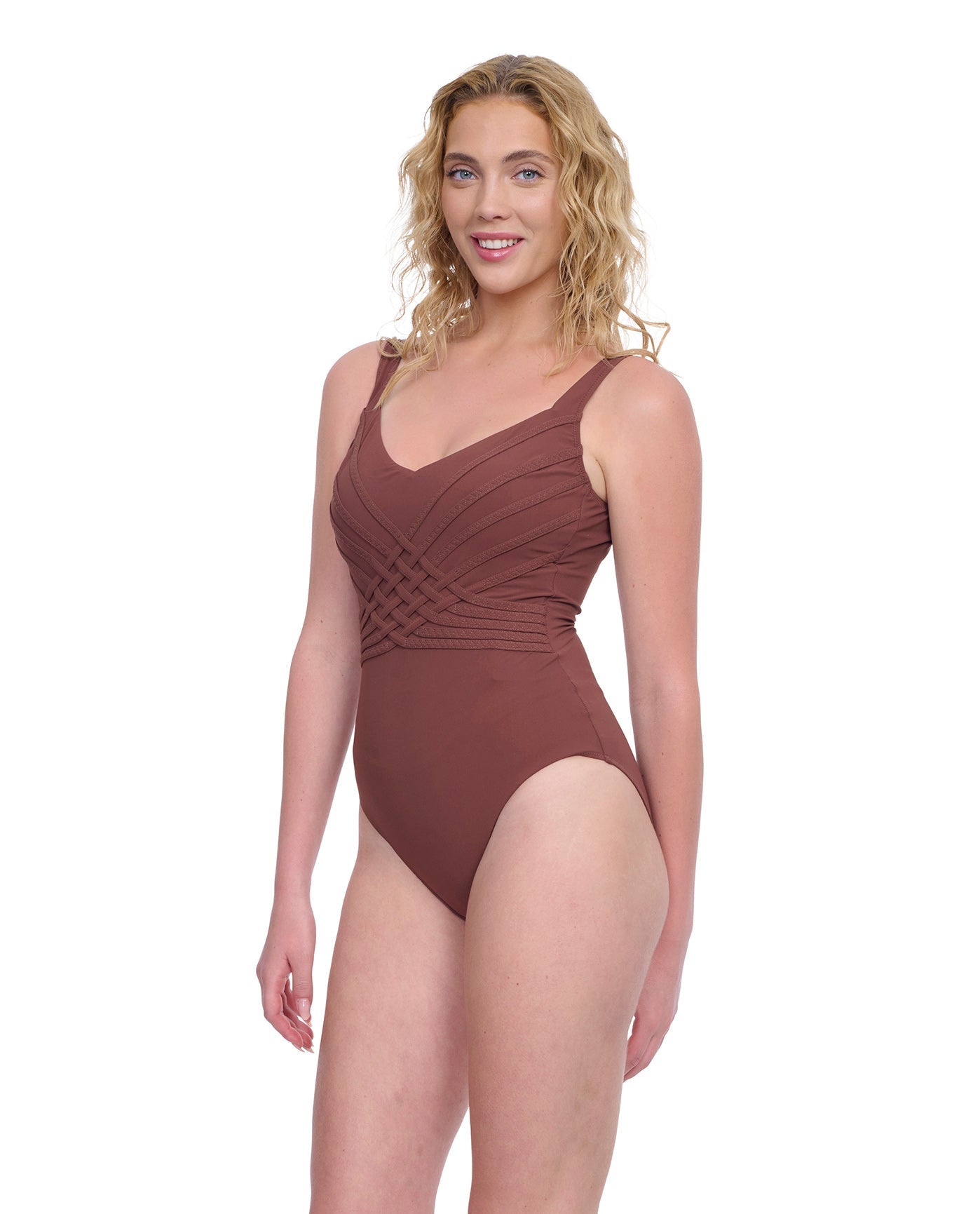 Side View View of Gottex Exclusive Square Neck One Piece Swimsuit | GOTTEX DARK BROWN