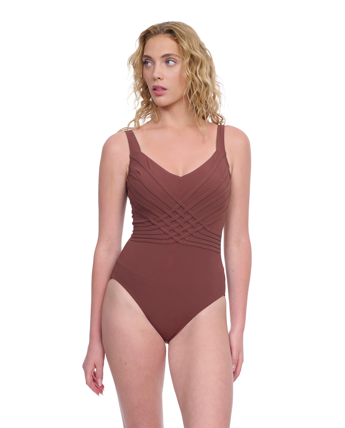 Alternate Front View of Gottex Exclusive Square Neck One Piece Swimsuit | GOTTEX DARK BROWN