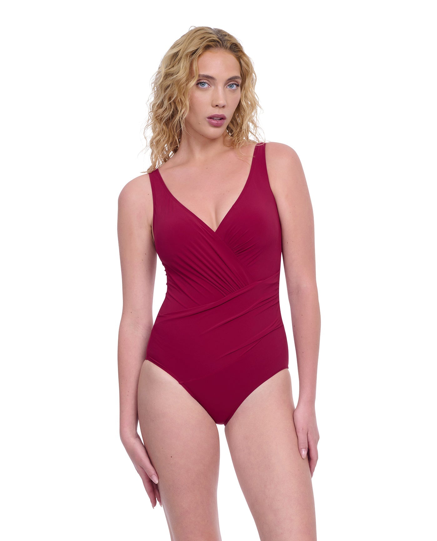 Front View of Profile By Gottex Exclusive V-Neck Surplice One Piece Swimsuit | PROFILE RASPBERRY